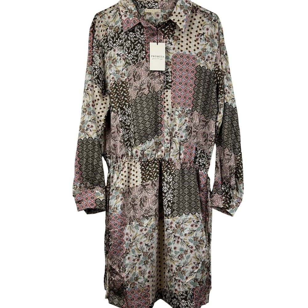 Promesa‎ Womens Patchwork Floral Long Sleeve Shirt Dress Brown Pink Medium NWT